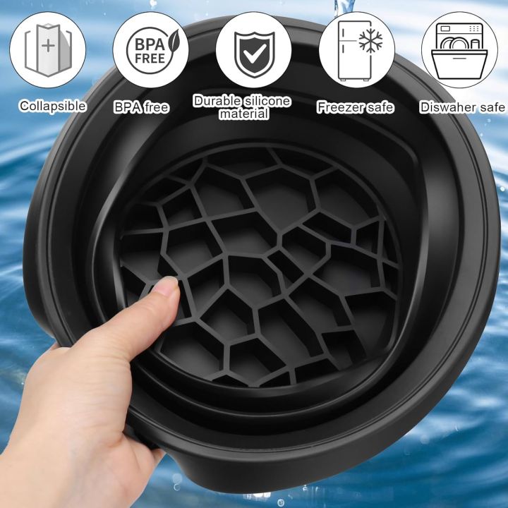 Close-up of the black silicone ice bowl showing the built-in honeycomb ice-cube tray lid