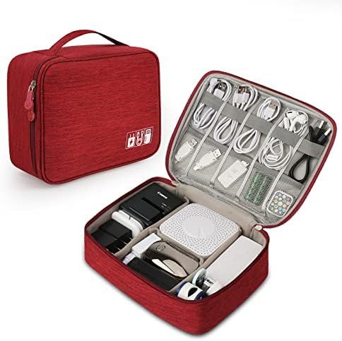 Travel cable organizer pouch interior close-up with elastic cable straps and mesh pockets holding USB cables and earphones