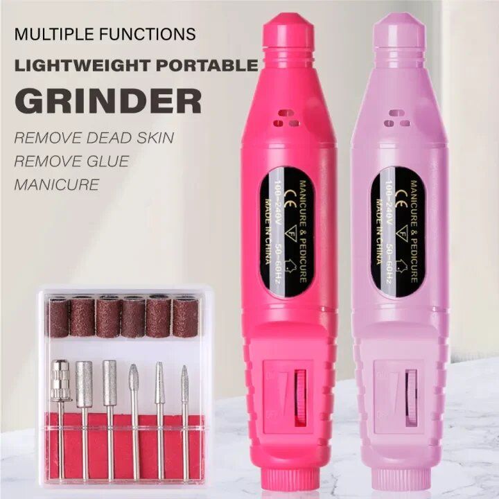 Pink cordless electric nail drill handpiece with interchangeable drill bits and sanding bands kit