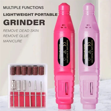 Pink cordless electric nail drill handpiece with interchangeable drill bits and sanding bands kit