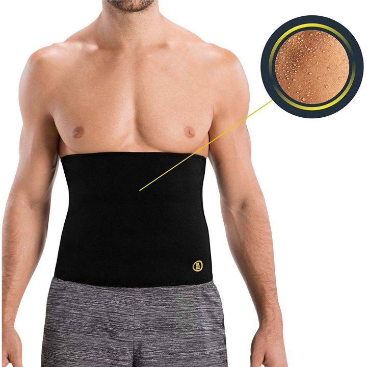 Man wearing black neoprene sweat waist trimmer belt on midsection, sweat-effect close-up inset