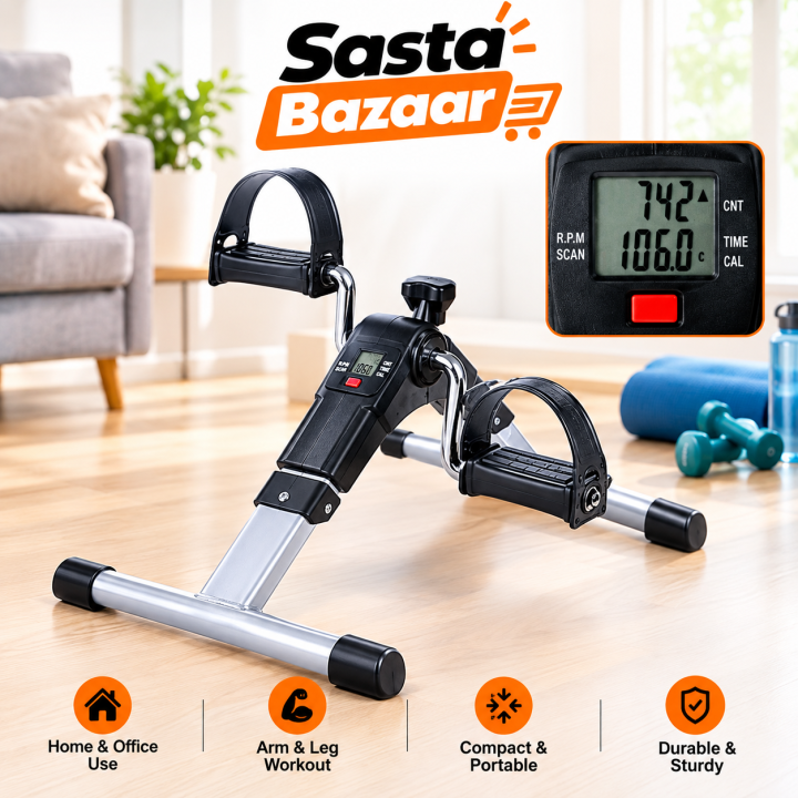 Mini pedal exerciser front view with digital LCD display showing RPM, time and calories