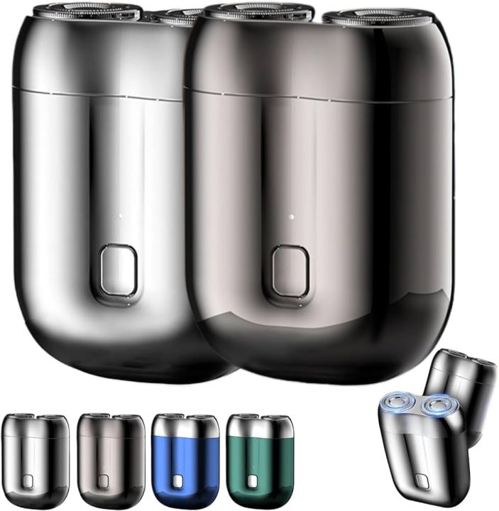 Mini dual-head pocket shaver in four colour variants: silver, black, blue and green