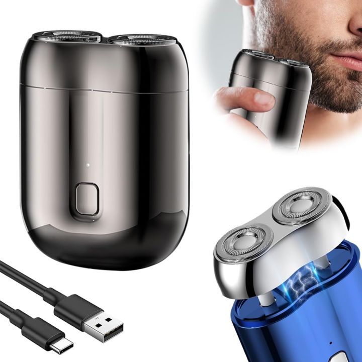 Capsule mini electric shaver in black with USB charging cable, dual-head detail showing magnetic silver cap