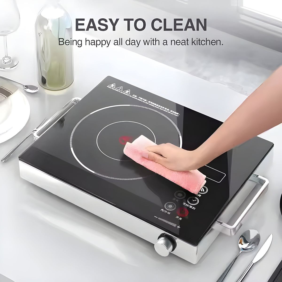 Hand wiping the easy-to-clean black crystal glass top of the RAF 3500W infrared cooker