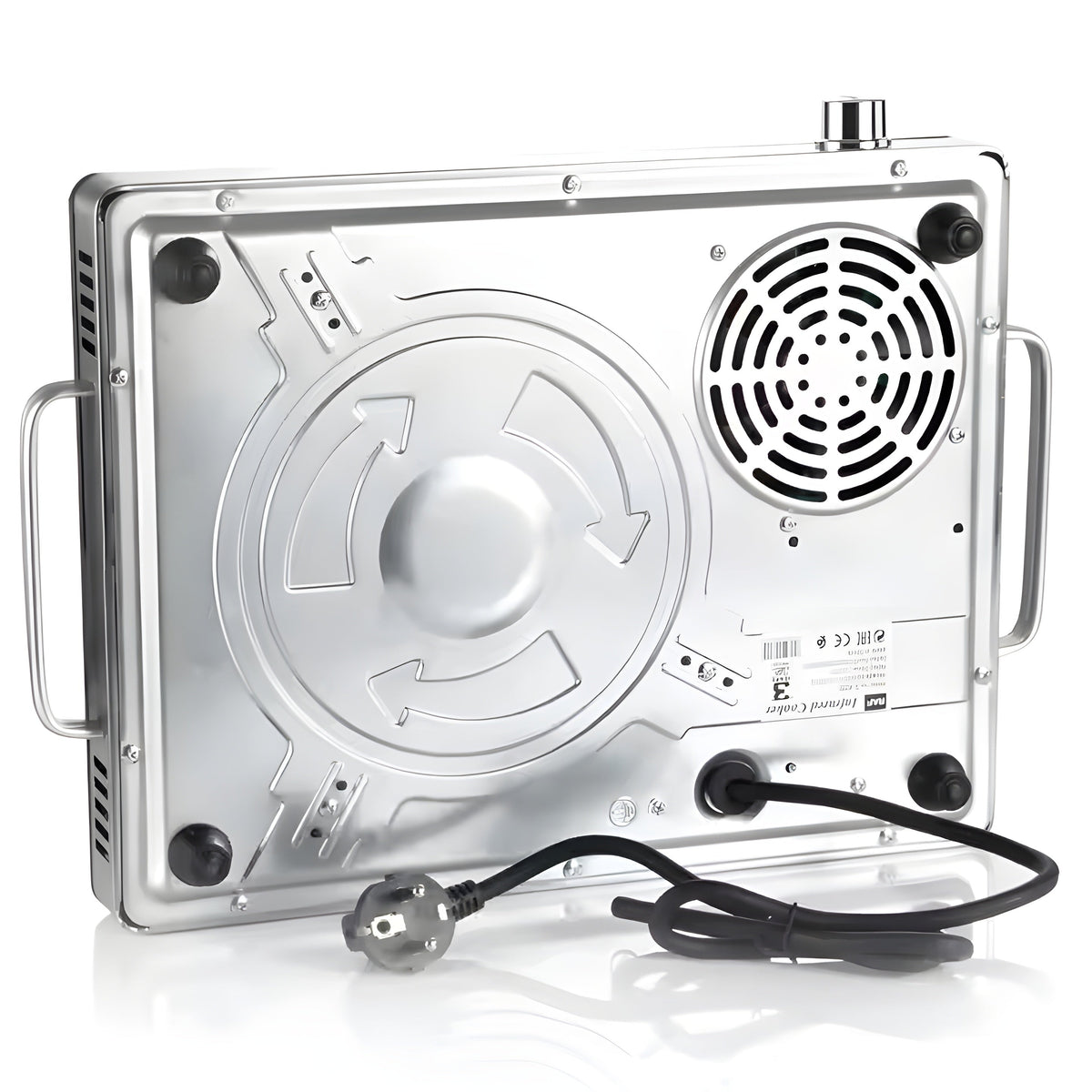 Underside of the RAF infrared cooker with cooling fan vent, power cord and rubber feet