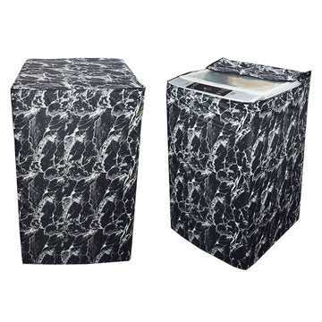 Waterproof washing machine cover in black marble print on a top-load washing machine, closed front view and lid-flap open view
