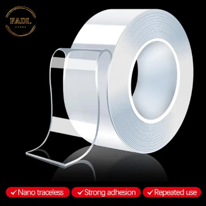 Nano double-sided magic tape — transparent nano gel tape roll with peeling strip on black background, traceless, strong adhesion, reusable