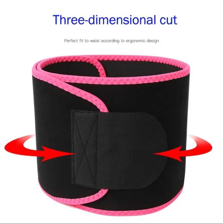 Black waist trimmer belt with pink trim and velcro closure, three-dimensional ergonomic cut