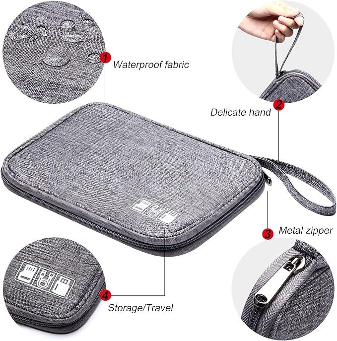 Blue travel cable organizer pouch with icon badge, closed clamshell design