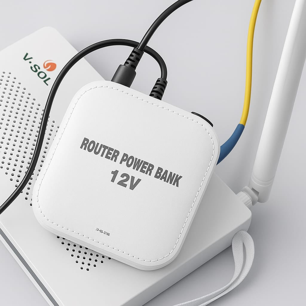Close-up of the mini UPS unit next to a router showing plug-and-play setup