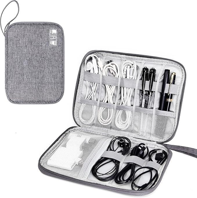 Grey travel cable organizer pouch closed with top carry handle and double zipper