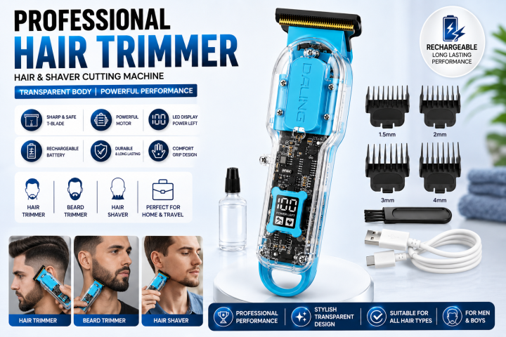 T-blade hair trimmer with LED display and transparent body for beard and hair cutting