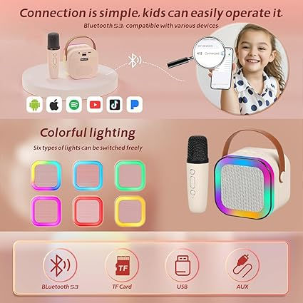 K12 kids karaoke machine – microphone close-up, mesh head and control buttons