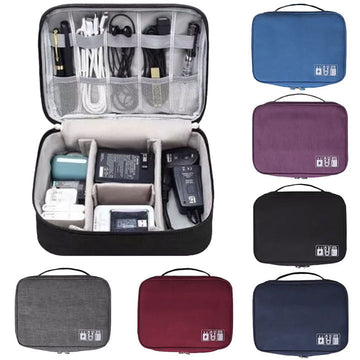 Travel cable organizer pouch opened flat showing mesh lid pockets and padded velcro dividers with chargers and power banks, six colour options shown