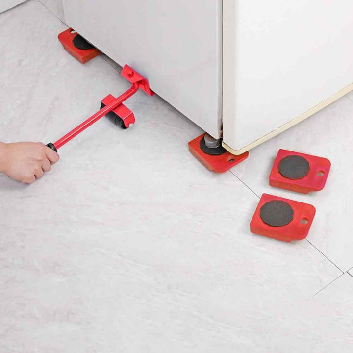 Four red rectangular wheeled slider pads with black circular anti-slip tops