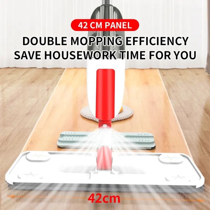 Spray mop cleaning a hardwood floor in one pass