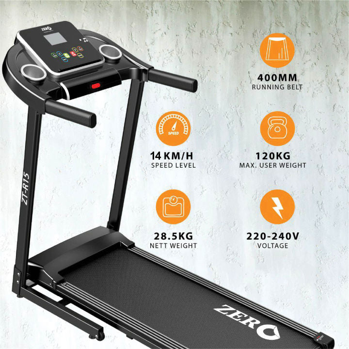 ZTR-15 treadmill console close-up — curved handlebars with heart pulse sensor