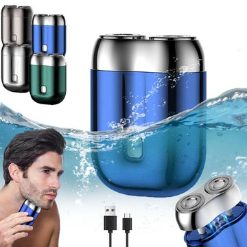 Mini dual-head rotary pocket shaver in blue with metallic silver magnetic cap, dual shaving heads, USB cable and waterproof design