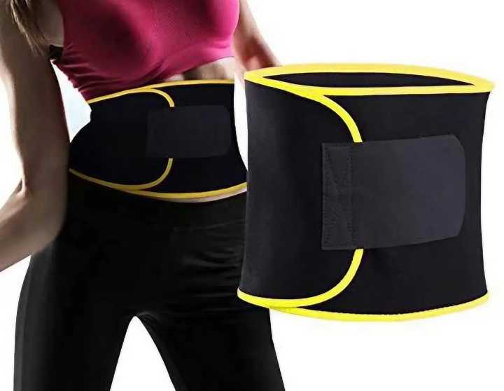 Woman wearing black waist trimmer belt with yellow trim; belt close-up shown beside