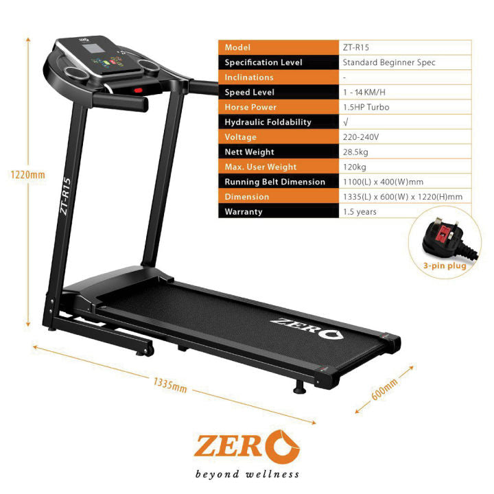 ZTR-15 folding treadmill — dimensions 133.5 by 60.2 by 122 cm, max user weight 120 kg