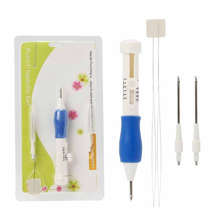 Adjustable punch needle pen set with spare tips in packaging