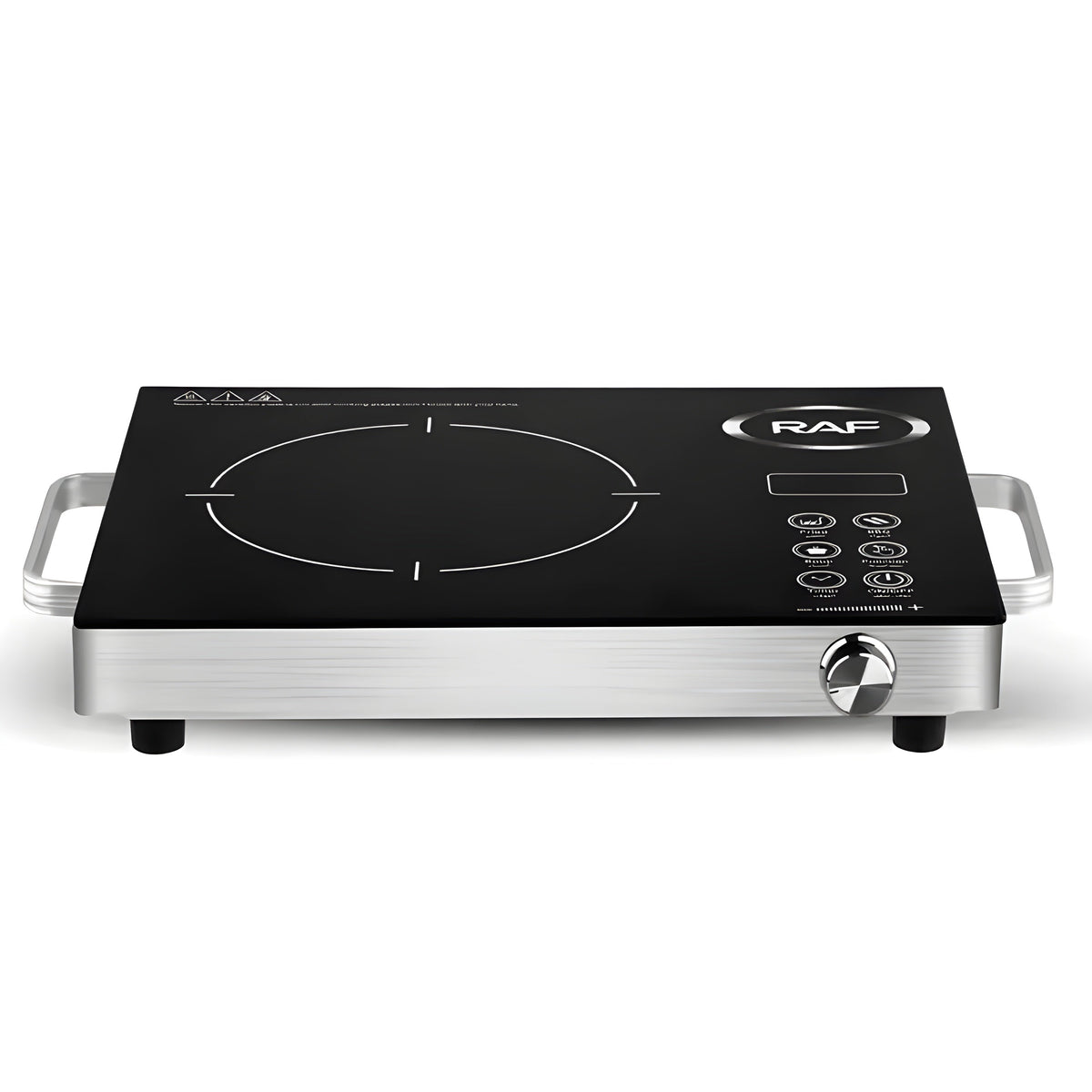 Front view of the RAF 3500W infrared cooker — brushed silver body, black crystal glass top and front control knob