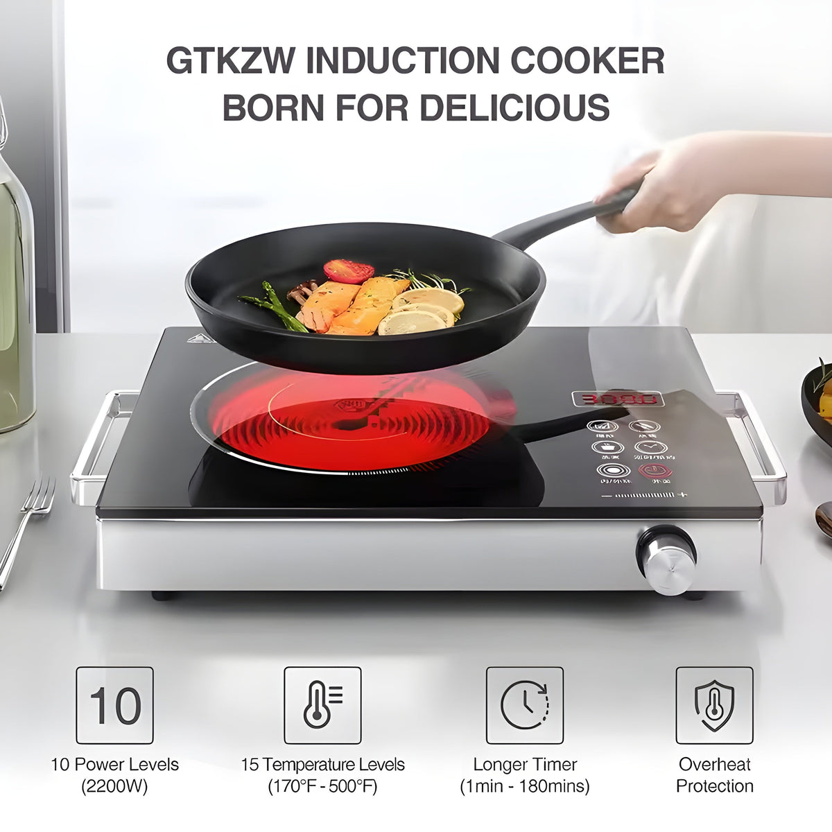 RAF infrared cooker glowing red while cooking salmon in a pan — power, temperature, timer and overheat protection features
