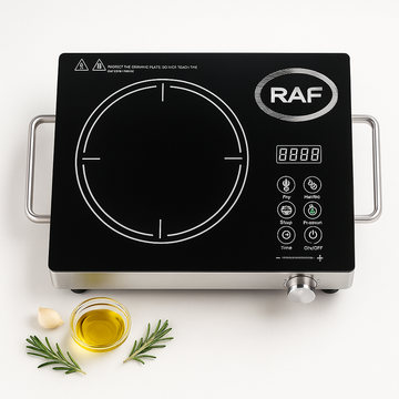RAF 3500W infrared electric cooker — black crystal glass single burner with touch panel, front knob and silver side handles