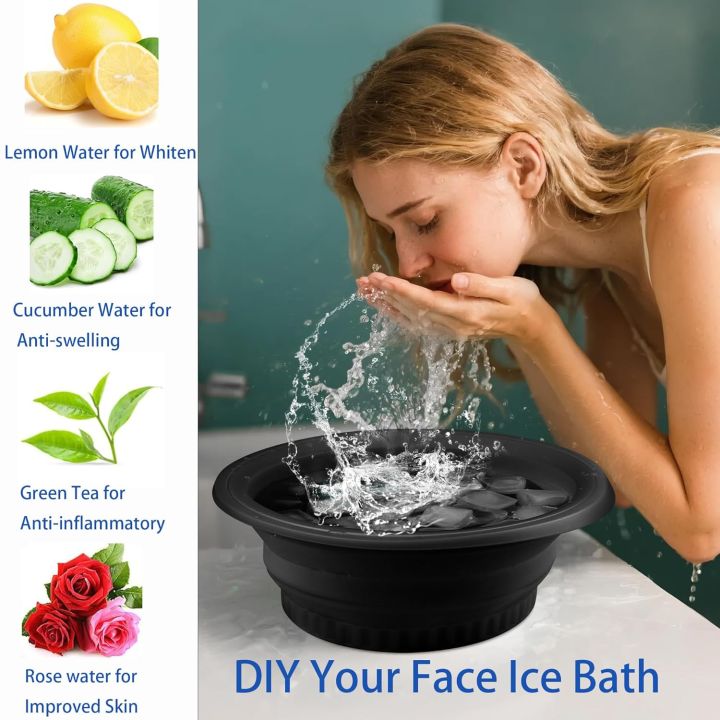 Woman enjoying a DIY face ice bath with the black silicone ice face bowl