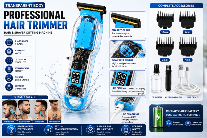 Cordless rechargeable barber trimmer with transparent smoke body and full guide comb set