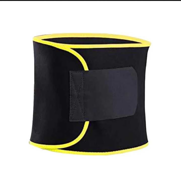 Black neoprene waist trimmer belt with yellow trim edges and adjustable velcro closure