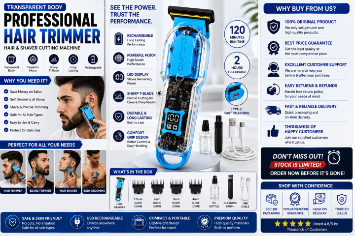 Men's T-blade beard and hair trimmer with transparent design and comfortable grip