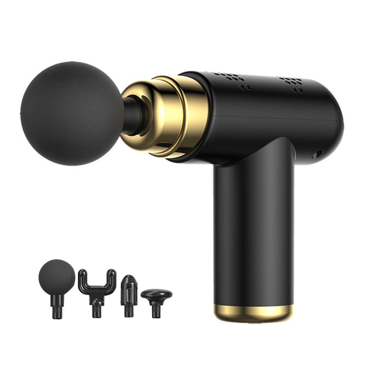 Massage gun head with gold accent band, close-up
