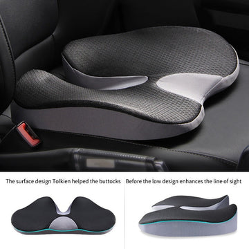 Memory foam seat cushion with coccyx cutout on car seat