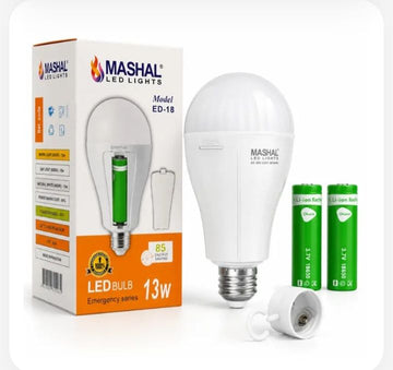 Mashal ED-18 18W rechargeable emergency LED bulb with retail box, two rechargeable batteries and hanging hook